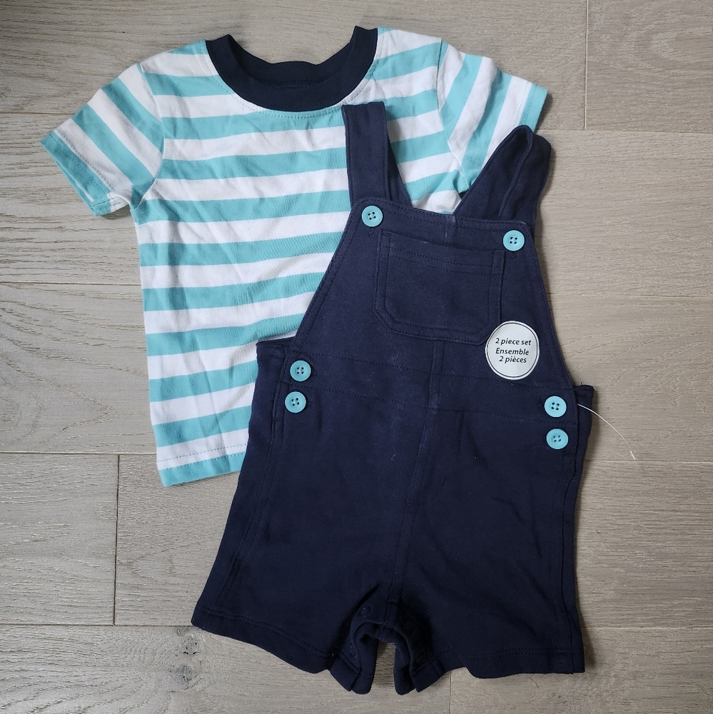 Striped Teal and Navy Kids Overall Set 6-12 Months